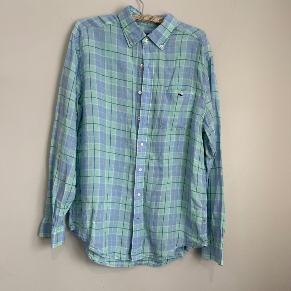 VINEYARD VINES Mens Large Green Blue Plaid Linen Classic Tucker Button Up Shirt